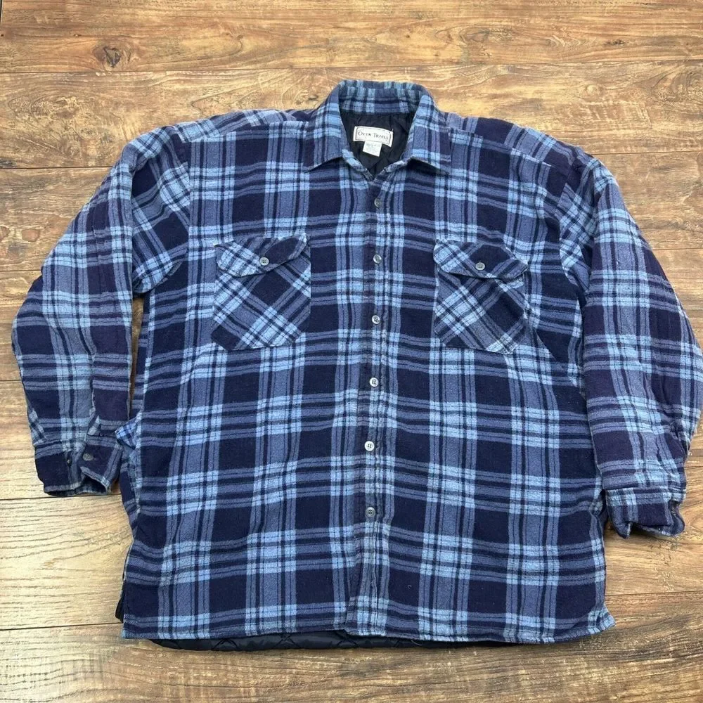 VTG Open Trails Shacket Men Large Blue Plaid Flannel‎ Shirt Jacket Long Sleeve